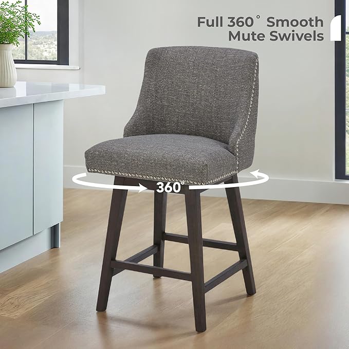 CHITA Counter Height Swivel Bar Stools, FSC Certified Upholstered Counter Stools, Modern Swivel Barstools with Wood Legs for Kitchen Island, 26" Seat Height, Fabric in Fog