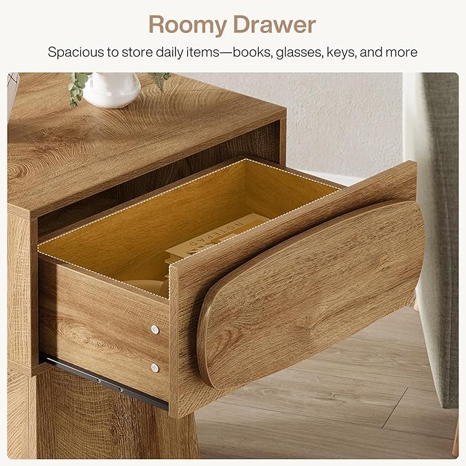 Tribesigns Side End Table Set of 2 with Storage Drawer for Living Room, Bedroom and Indoor Use, Modern Mid-Century Farmhouse Bed Side Table with Curved Handle, 2 Night Stand Easy Assembly Natural
