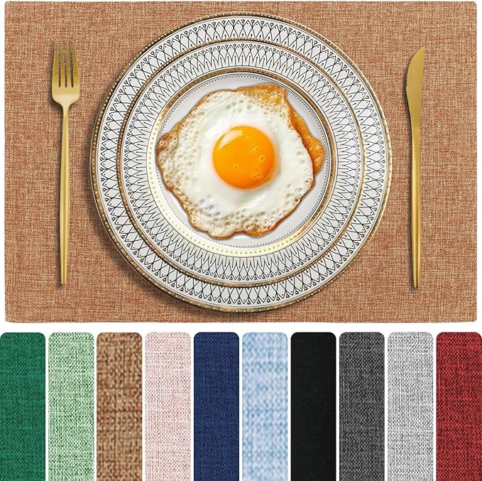 Cloth Placemats Set of 6, Cotton Linen Blend Machine Washable Double Layered Place Mats, Heat Resistant Placemats Wrinkle Free Thick Fabric Dining Table Mats for Indoors & Outdoors (Flaxen, 6)