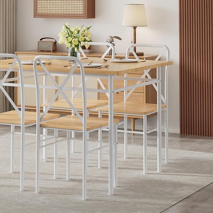 VECELO 5-Piece Kitchen Dining Table Set, Wood Tabletop & Heavy-Duty Metel Frame, Rectangle Dinette with 4 Chairs for Small Space, Breakfast Nook, Natural White