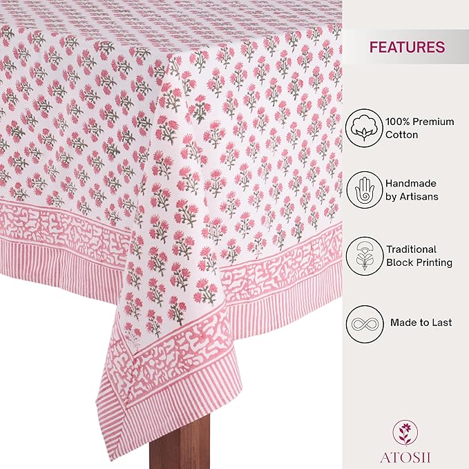 ATOSII Gulbahar White Pink 100% Cotton Fall Rectangle Tablecloth, Handblock Print Floral Table Cloth for Kitchen Dining Linen I Thanksgiving Christmas Weddings Outdoors I 72 X 120 Inches I 10 Seater