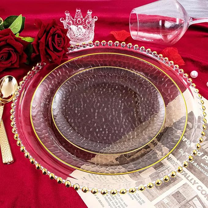 Hioasis 60pcs Black Plastic Plates - Gold Rimmed Disposable, Hammered, Heavy-duty Dinnerware Set Suitable for 30 Guests, 10.25" Dinner & 7.5" Dessert Plates for Party & Wedding