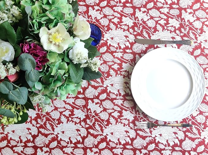 ATOSII Meraki Red 100% Cotton Tablecloth, Handblock Print Rectangle Table Cover for Kitchen Dining I Tabletop Linen I Thanksgiving, Christmas, Wedding, Fall Table Cloth 72 X 140 Inches I 12 Seater