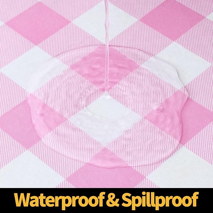 Smiry Rectangle Picnic Table Cloth, Elastic Waterproof Fitted Vinyl Tablecloths, Flannel Backed Buffalo Plaid Table Covers for Dining, Camping, Valentines(White and Pink, 24" x 48")