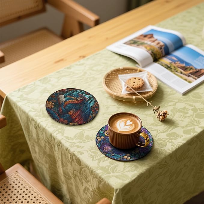 Dragon Coasters Leather Round Drink Coasters 6 Pcs Set with Holderor for Cup Drink Coffee Table Bar Home Decor