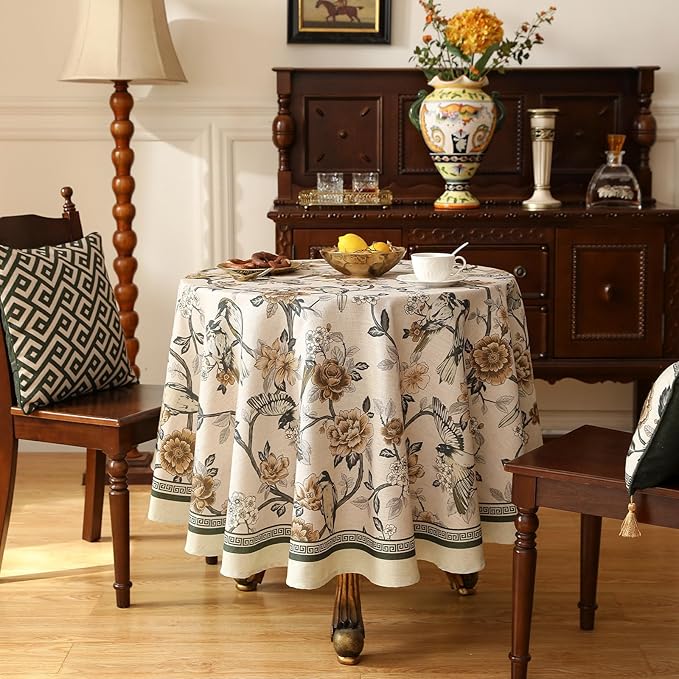 ISAENNE Designer Vintage Linen Round Table Cloth,Floral and Bird Pattern Elegant Tablecloth,Fall Wrinkle Resistant Home Decor Tablecloths for Dining Kitchen Christmas,Diameter 67"-Murad A