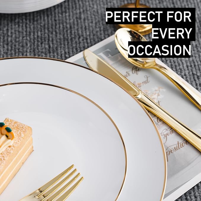 100PCS White Dinnerware Combo | 50 Gold Rim Appetizer/Dessert Plates (7.5in) & 50 Dinner Plates (10in) | Heavy Duty Disposable Plastic Plates For Wedding, Parties, Catering