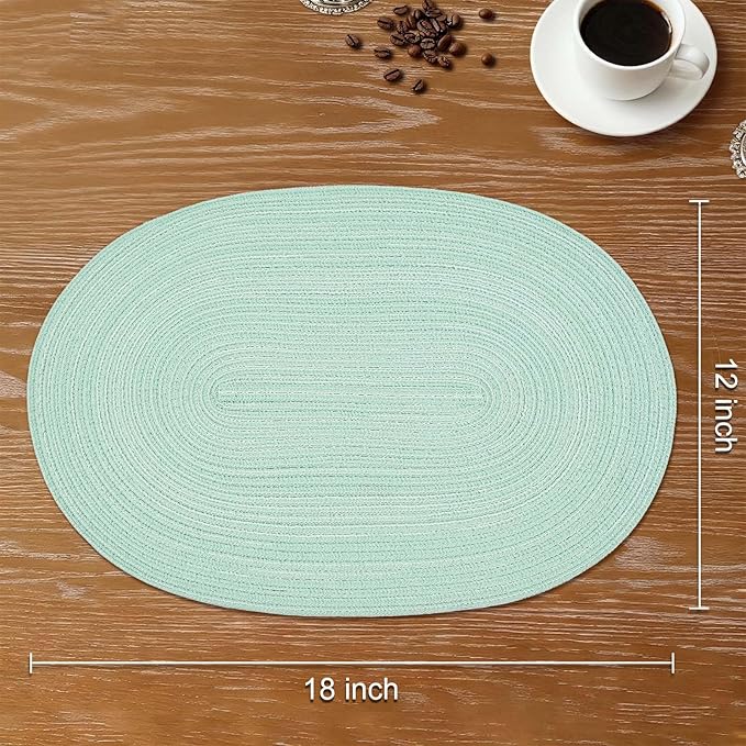 Noctiflorous Oval Braided Placemats Set of 6 Woven 12x18 Inch Non Slip Washable Heat Resistant Place Mats Round Tablemats for Dining Kitchen Party Daily Table Decor Dinner Mats (Mint Green, 6)