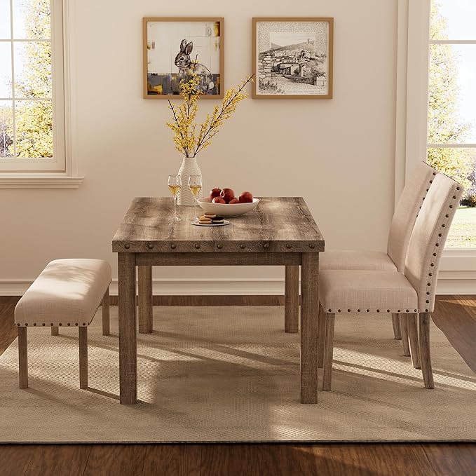 Morden Fort Farmhouse Style Dining Chairs Set of 2, Rustic Upholstered Kitchen & Dining Room Chairs with Rivet Detailing, Solid Wood Legs & Sturdy Wooden Chair Design for Comfortable Seating