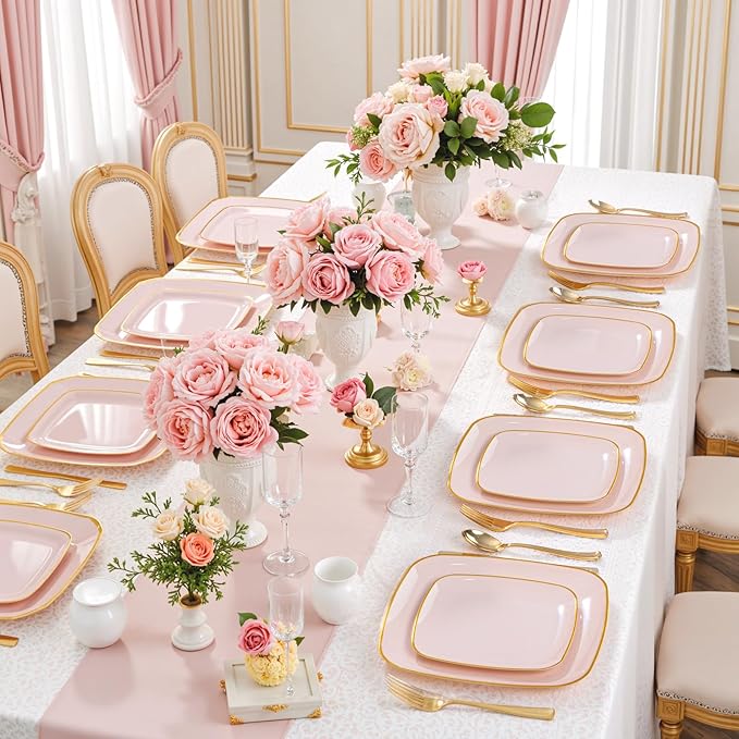 bUCLA 50PCS Pink and Gold Plastic Plates - Heavy Duty Square Pink Disposable - Include 25 Dinner & 25 Dessert Plates for Party & Valentines Day