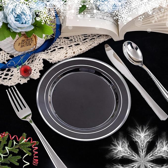 I00000 100Pcs Clear Silver Plastic Plates,Silver Rim Plates 7 Inch,Heavy Duty Premium Clear Dish for Wedding Party Supplies for Salad Dessert Cake