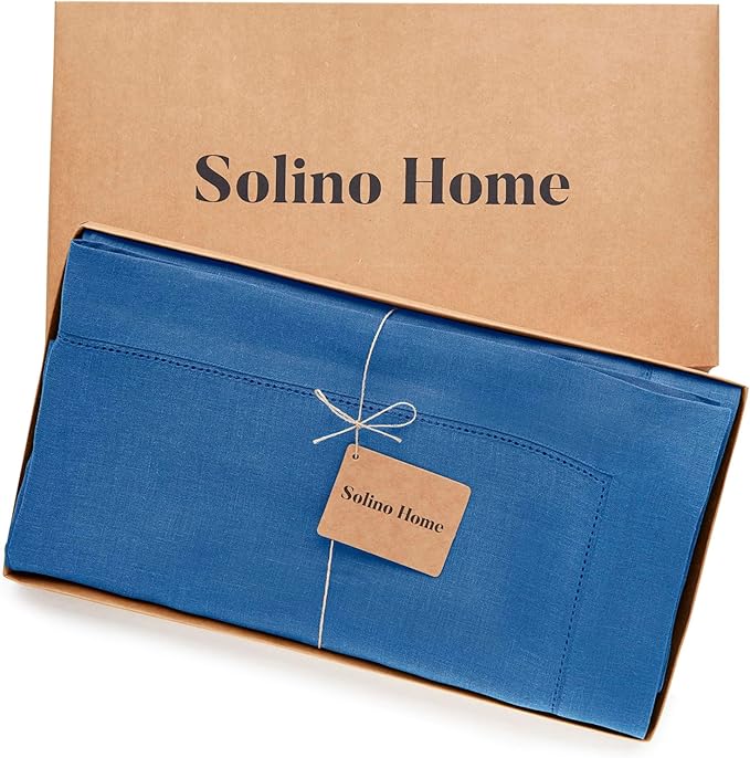 Solino Home Linen Indigo Blue Tablecloth 60 x 132 Inch - Classic Hemstitch, 100% Pure Linen Rectangular Tablecloth - Machine Washable Table Cloth for Winter, Spring, Easter