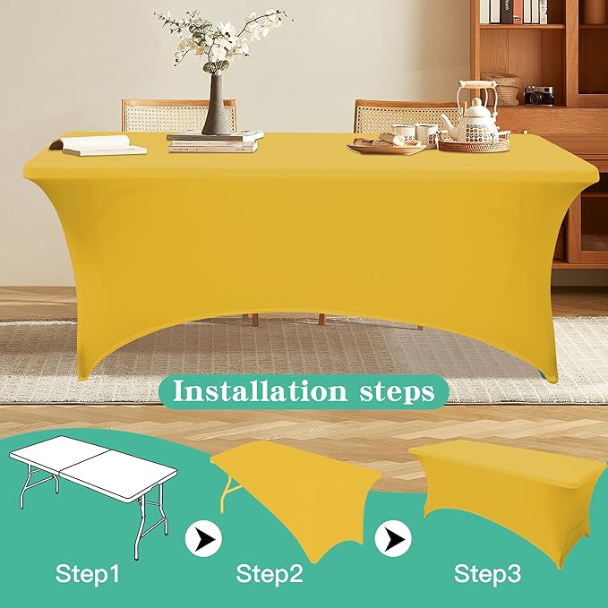 2Pack 4FT Table Cloth for Rectangular Fitted Events Stretch Yellow Table Covers Washable Spandex Tablecloth Protector for Party, Wedding, Cocktail, Banquet, Festival