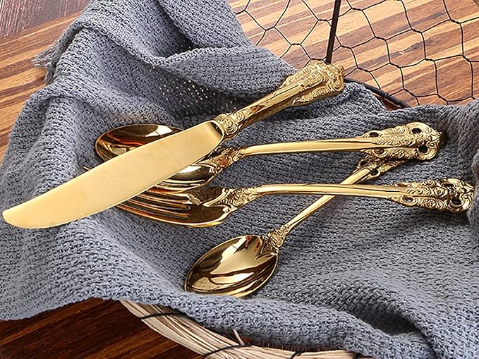 Gold Silverware Set 18/10 Stainless Steel Flatware Sets Palace Style 48 Piece Delicate Cutlery Set for 12 Durable Home Kitchen Wedding Tableware Utensil Include Knifes Teaspoons Forks and Spoons