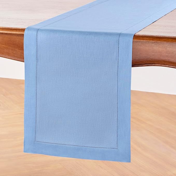 Solino Home Linen Cornflower Blue Table Runner 132 Inches Long - 100% Pure Linen Hemstitch 14 x 132 Inch Table Runner for Dining, Winter, Spring, Easter - Classic Hemstitch