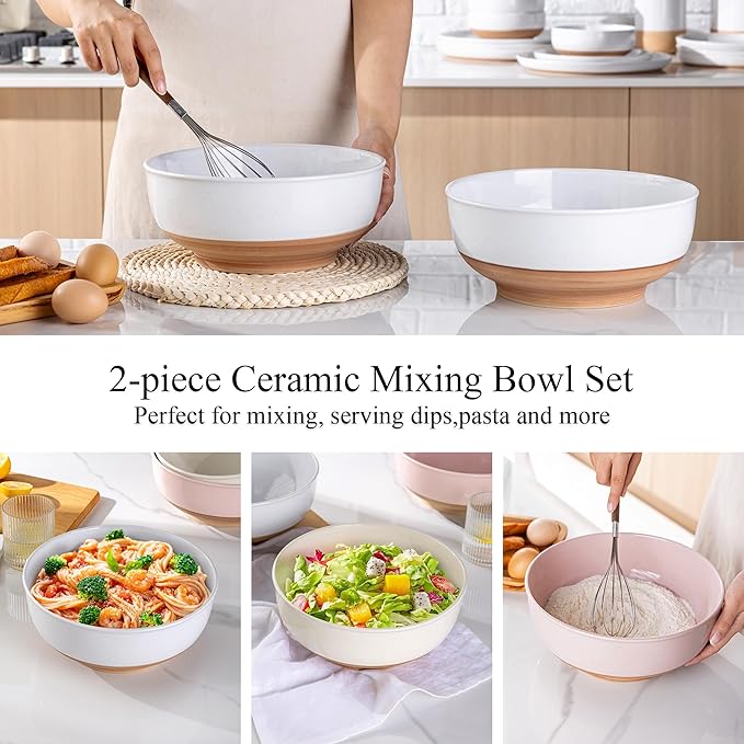 AmorArc 9.8’’ Extra Large Ceramic Salad Bowls, 90 OZ Serving Bowls Set of 2, Stoneware Oversized Bowls with Rustic Terracotta Underside for Salad, Soup and Dinner. Large Bowls for Entertaining&Gift