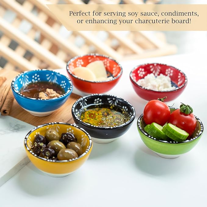 Ceramic Small Dipping Bowls Set of 6, 3.5 Oz Soy Sauce Dish, Handmade Charcuterie, Colorful Pinch, Dishwasher & Microwave Safe, 3.2'' Mini (FLOWER BLOOM)