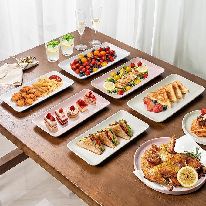 AmorArc Ceramic Serving Platter,Rectangular 16"/14.3"/12.6" inch Serving Dishes for Party Entertaining,Stoneware Serving Trays forTurkey,Salad,Microwave&Dishwasher Safe-Set of 3-Light Beige