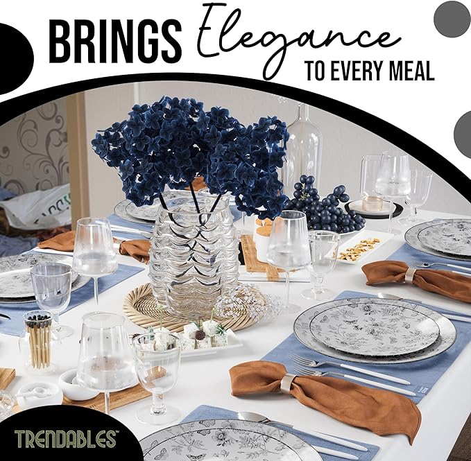 Trendables Disposable Plates For Party Supplies | Black Floral Plastic Plates For Wedding 40 Pcs - 20 X 8 & 20 X 10 Dinner Plate Sets | Floral Plate Set Disposable Plastic Dinnerware Sets