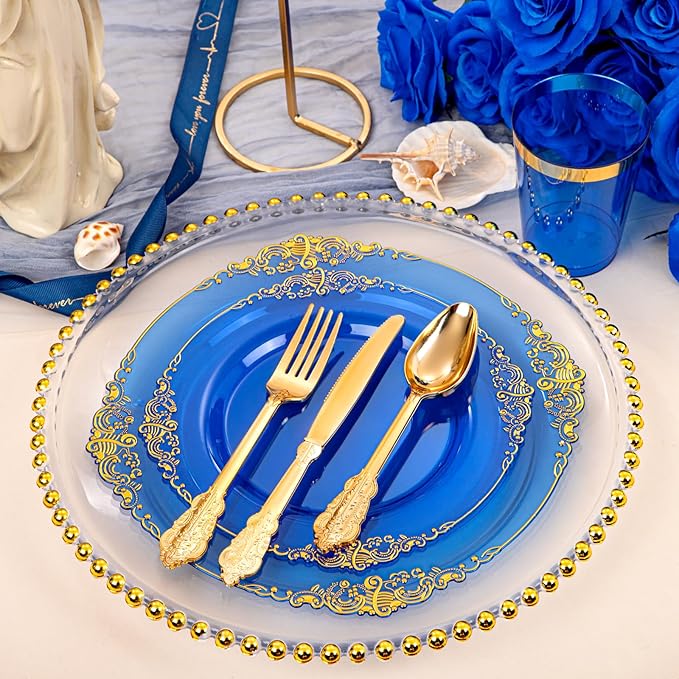 Hioasis 210pcs Blue and Gold Plates - Blue Party Plates for 30 Guest, Include 60 Heavy-duty Plates(20% Thicker Than Standard), 30 Pre Rolled gold Plastic goldware Set, 30 Cups