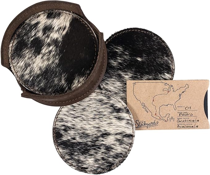 Set of 6 Circular Coasters for Drinks, Glass & Cups Stain Protection, Full Grain Leather, Handmade (Furry)