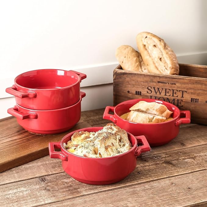 vicrays Ceramic Soup Bowls with Handles, 24 Oz Porcelain Soup Crocks for French Onion Soup, Cereal, Beef Stew, Chill, Pasta, Pot Pies, Microwave and Oven Safe, Set of 4 (Red)