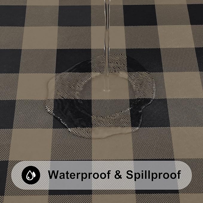 Smiry Rectangle Picnic Table Cloth, Elastic Waterproof Fitted Vinyl Tablecloths, Flannel Backed Buffalo Plaid Table Covers for Dining, Camping, Outdoor (Black and Khaki, 30" x 96")