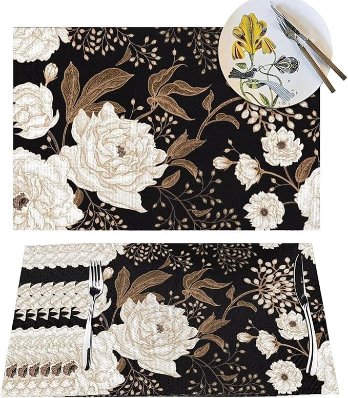 Placemats Set of 4 Vintage Peony Place Mats Beige Floral Leave Rustic Black Woven Table Mats Washable Beige Flower PVC Placemat for Dining Kitchen Decor Indoor Outdoor, 12 x 18 Inch