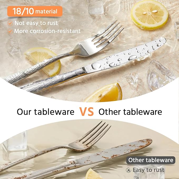 Kingstone Hammered Silverware Set, 20-Piece Flatware Set for 4, 18/10 Stainless Steel Heavy Duty Cutlery Set, Mirror Polished Utensil Sets for Home, Restaurant, wedding, Dishwasher Safe