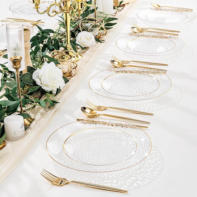 Rubtlamp 60 Pcs Clear Plastic Dessert Plates, Hammered Party Plates, Disposable Heavy Duty Salad/Dessert Platos,Clear Party Platos, Gold Plastic Appetizer Platos Disposable For All Occasions