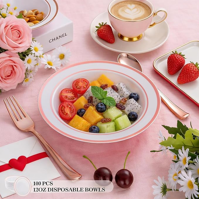 50pc Deep Bowl With White ground And Double Rose Gold Edges, 12oz,Disposable Soup Bowls,Disposable Soup Dessert Salad Bowls for Wedding/Party/Catered Events/Valentine's Day