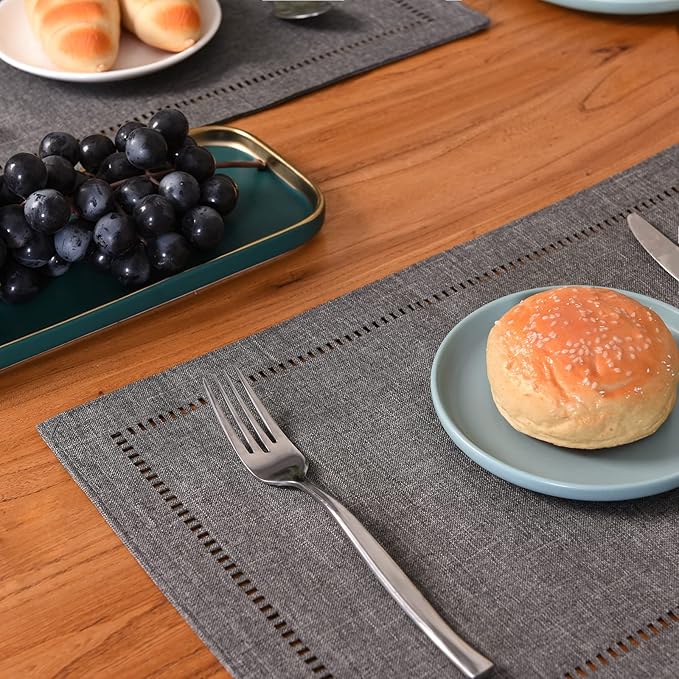 Tosewever Set of 6 Decorative Linen Placemats 12 x 18 Inches, Farmhouse Style Table Mats for Everyday Dining Wedding Party Holiday Home Decor (6 Pieces 12 x 18”, Grey/Straight)