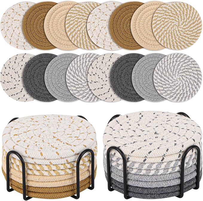 16Pcs Drink Coasters with Holder, 8 Colors Absorbent Coasters Minimalist Cotton Woven Coaster for Living Room Decor,Tabletop
