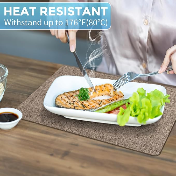 Placemats Set of 12 Washable, Heat Resistant Table Placemats Wipeable Faux Leather Place Mats Non Slip, Waterproof Square Table Mats for Indoor Outdoor, Apricot