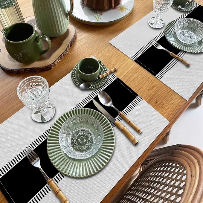 CSFOTO Modern Minimalist Line Decorative Placemats Set of 4 Heat-Resistant Non-Slip Black and White Linen Place Mats for Dining Table 18"x12" Washable