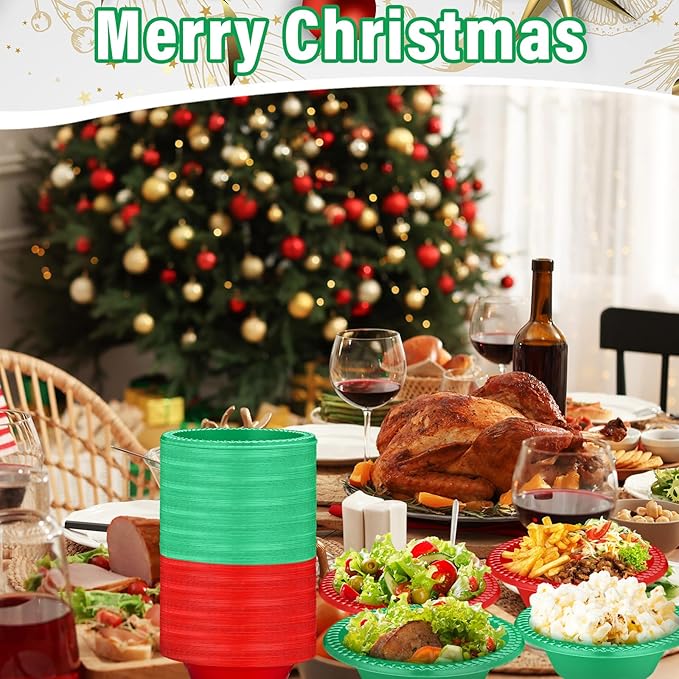 Layhit 100 Pcs Christmas Plastic Bowls 12 oz Disposable Salad Red Green Plastic Serving Xmas Party Supplies Candy Snack Bowls for Christmas Holiday Party Picnic