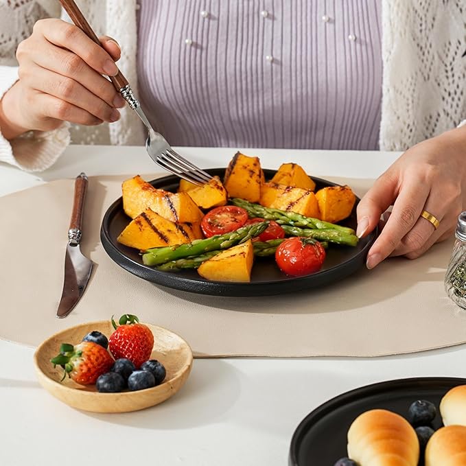 Stoneware Salad Plates Set of 4, 8 Inch Plates for Dessert, Ceramic Plates Sets, Microwave Safe, Dishwasher Safe, Versatile for All Seasons, Matte Black