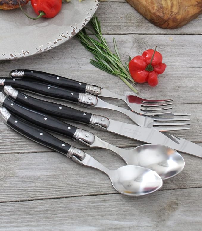 French Home Laguiole 20 Piece Flatware Set – Stainless Steel Flatware Set for 4 – Luxurious Black Onyx Utensil Set with Knives, Spoons and Forks