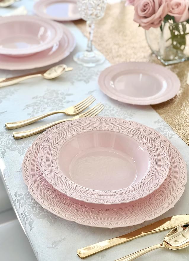 " OCCASIONS " 80 Plates Pack,(40 Guests) Extra Heavyweight Vintage Wedding Disposable/Reusable Plastic Plates 40x11'' Dinner+40 x 8.25'' Salad/Dessert Plate (Chateau Blush Pink)