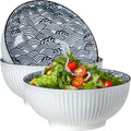 QINLANG Large Soup Bowls, Pho & Ramen Set of 3, 60 oz Blue & White Porcelain - Wave Pattern