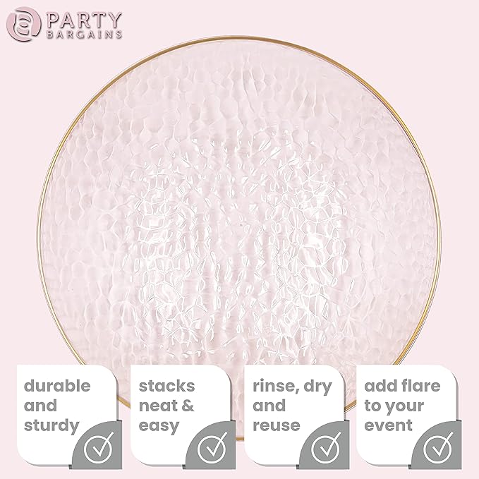 PARTY BARGAINS 13-Inch Charger Plates - 48 Pack, Hammered Pink Gold Rim, Heavy-Duty Disposable Chargers for Elegant Dining - Ideal for Weddings and Formal Events