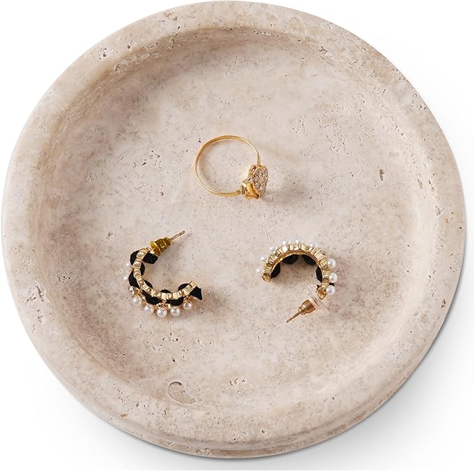 Marble Jewelry Dish 5 Inch Handmade Travertine Ring Holder - Trinket Tray for Vanity & Aesthetic Room Decor, Stone Key Bowl & Candle Plate for Entryway Table,