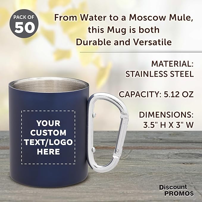 Custom Stainless Steel Mugs with Carabiner Handle 10 oz. Set of 50, Personalized Bulk Pack - Perfect for Coffee, Soda, Other Hot & Cold Beverages - Navy Blue