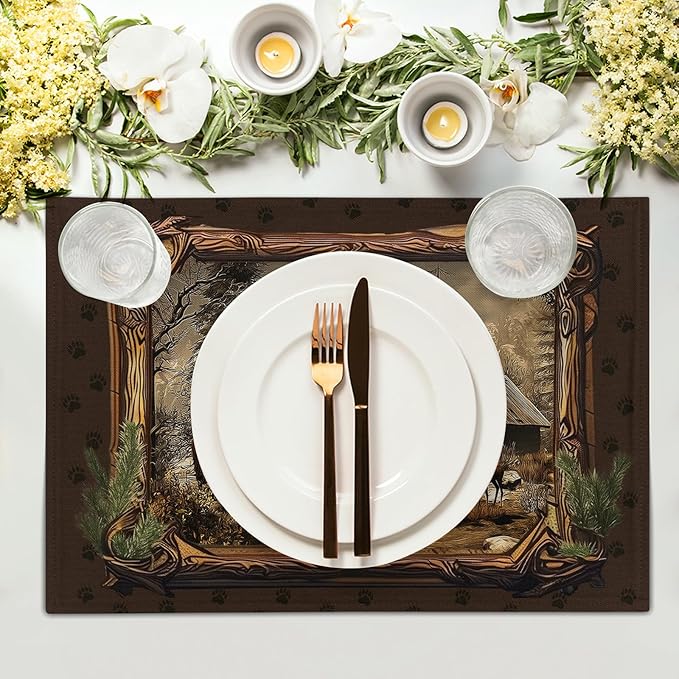 Bear Placemats Set of 4 - Rustic Lodge Place Mats 12x18 Vintage Cabin Table Mats Farmhouse Kitchen Mats for Party Dining Table