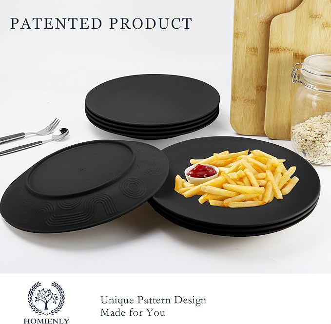 Homienly Dinner Plates Set of 8 Unbreakable Wheat Straw Plates with Textured Design - Microwave & Dishwasher Safe - Perfect for Camping, Kitchen Use - Black, 9 inch