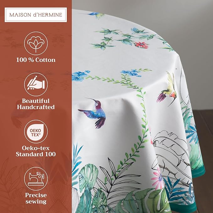 Maison d' Hermine Table Cloth Round Table 100% Cotton 63 Round Inches Tablecloth Reusable Decorative for Dining Room Farmhouse Home Valentines Day Decorations Spring Summer - Tropiques