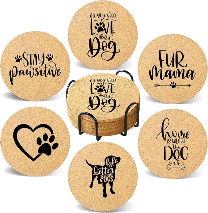 Coasters for Drinks with Set of 6, Cute Dog Coaster for New Home Couples House Warming Gifts Absorbent Paw Cork Wood Bulk for Cup Desk Coffee Table Office Kitchen Decor, Round 4"