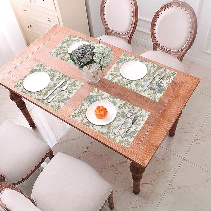 Chinoiserie Floral Place mats Set of 4, 12x18 Inches Green Blue Birds Flower Decorative Placemats Rectangle Floral Table Mats for Party Home Kitchen Dining Table Decoration
