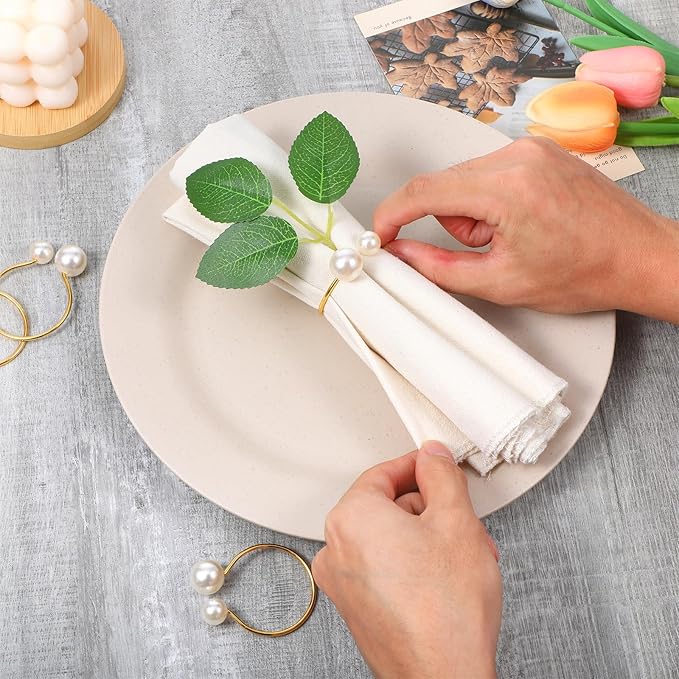 60 Pcs Gold Pearl Napkin Rings Bulk, Wedding Napkin Rings with Dual Pearls for Thanksgiving, Christmas, Party Decor, Elegant Table Setting Accessories