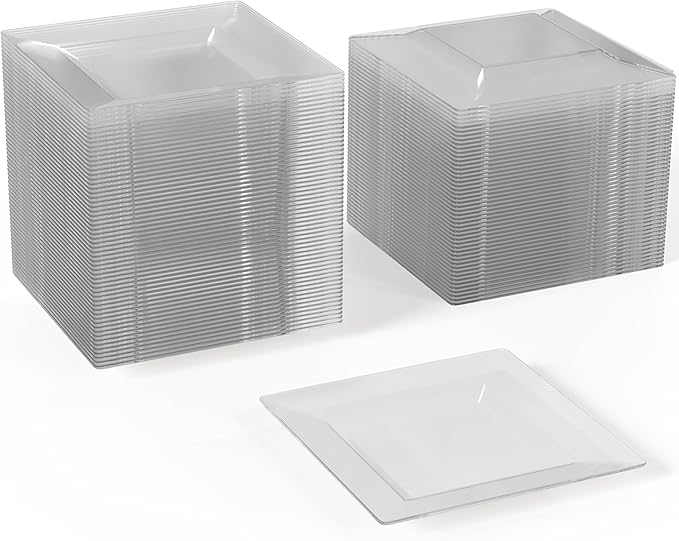 Exquisite Mini Disposable Appetizer Plates - 100 Pack 4.5" x 4.5" Crystal Clear Plastic Dessert Plates - Elegant Design for Weddings, Birthdays, Formal Parties - Stackable & Convenient - BPA Free